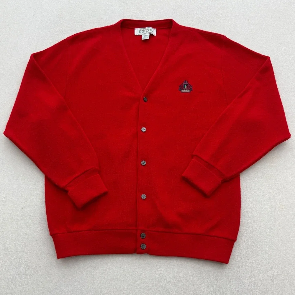 IZOD Cardigan Sweater Mens XL Red Vintage Crest Logo V-Neck Acrylic USA